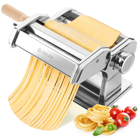 ISILER pasta maker roller close-up showing smooth dough for uniform texture