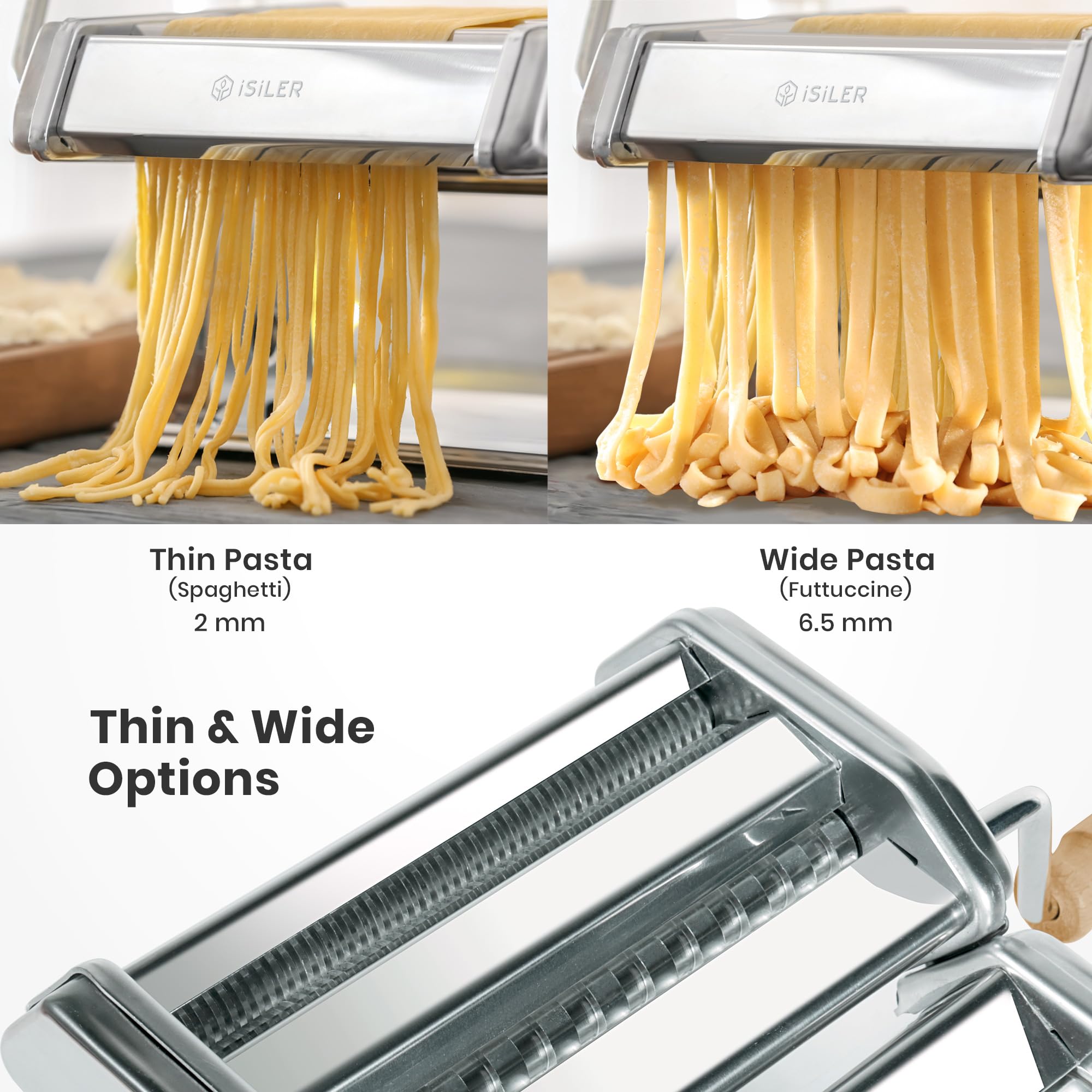 ISILER pasta maker spaghetti-cut highlights long strands for classic pasta