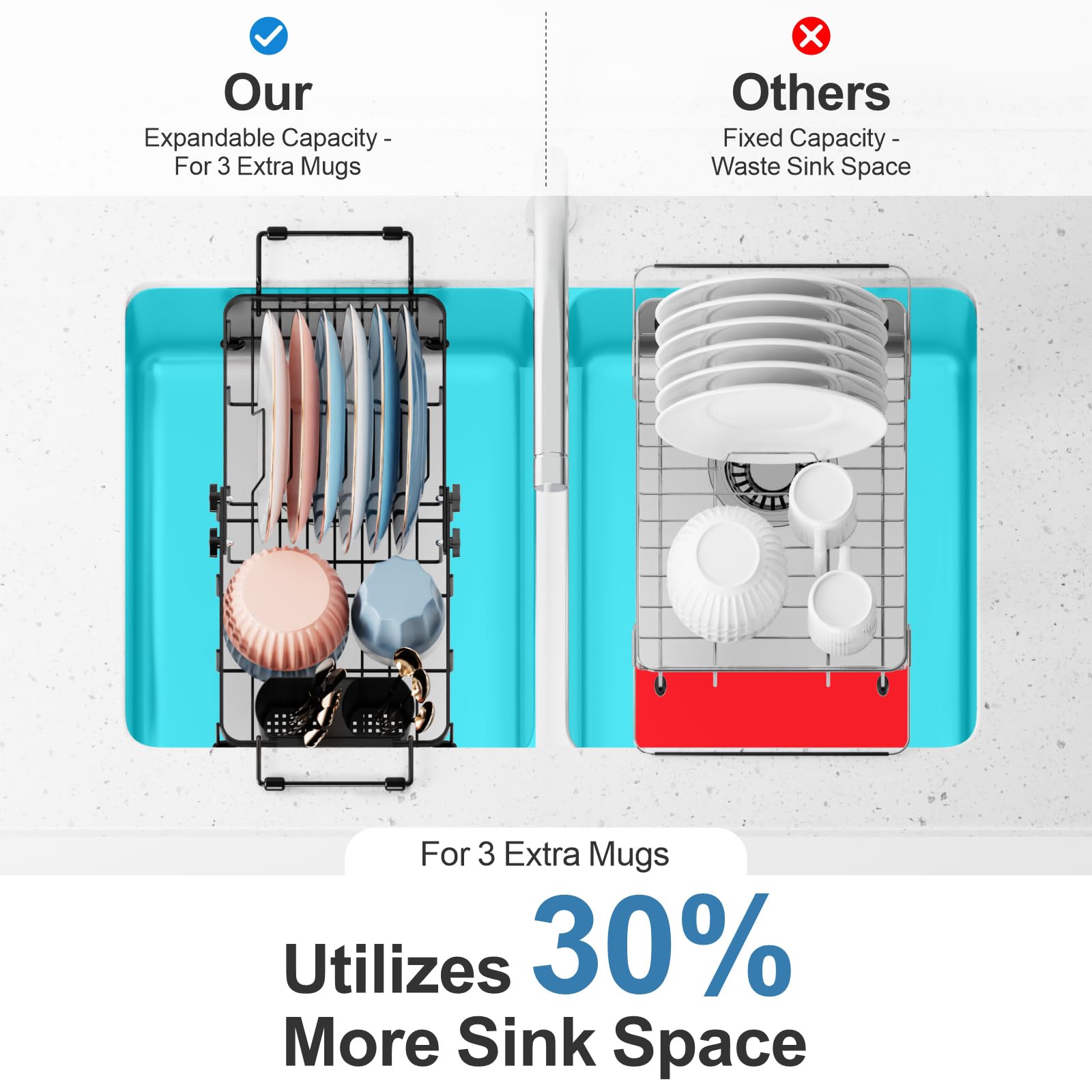 iSPECLE 90-degree L-shape support stabilizes on sink and counter.