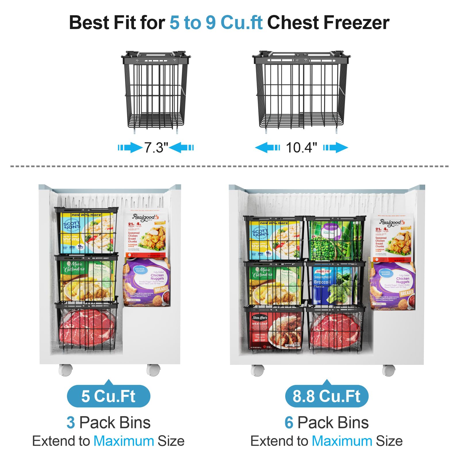 iSPECLE chest freezer bins keep items upright for quick access.