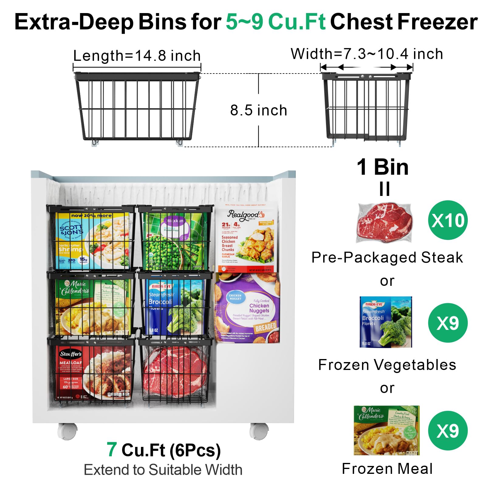 iSPECLE deep freezer bins increase capacity by stacking tall items neatly.