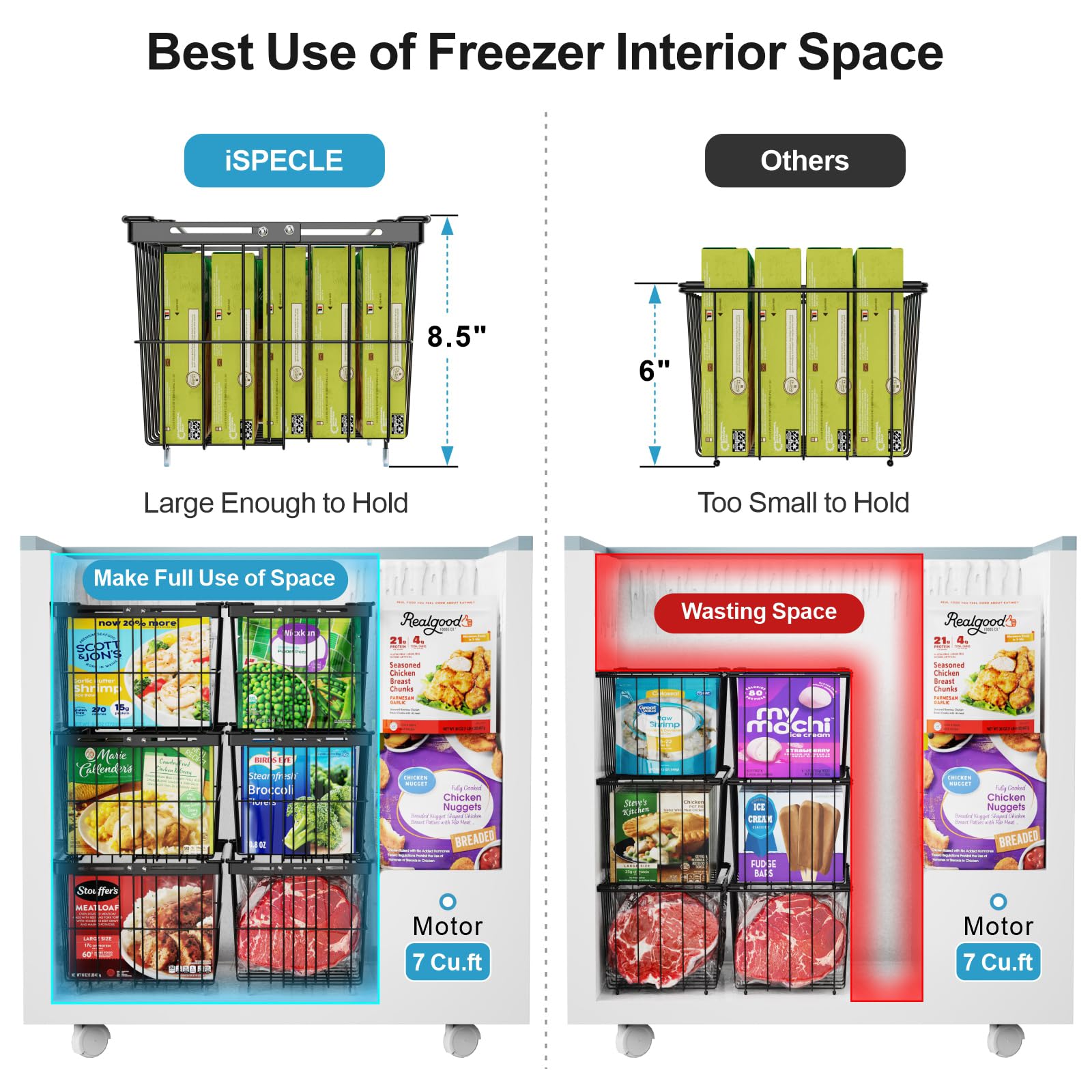 iSPECLE chest freezer bins offer adjustable width for a snug fit.