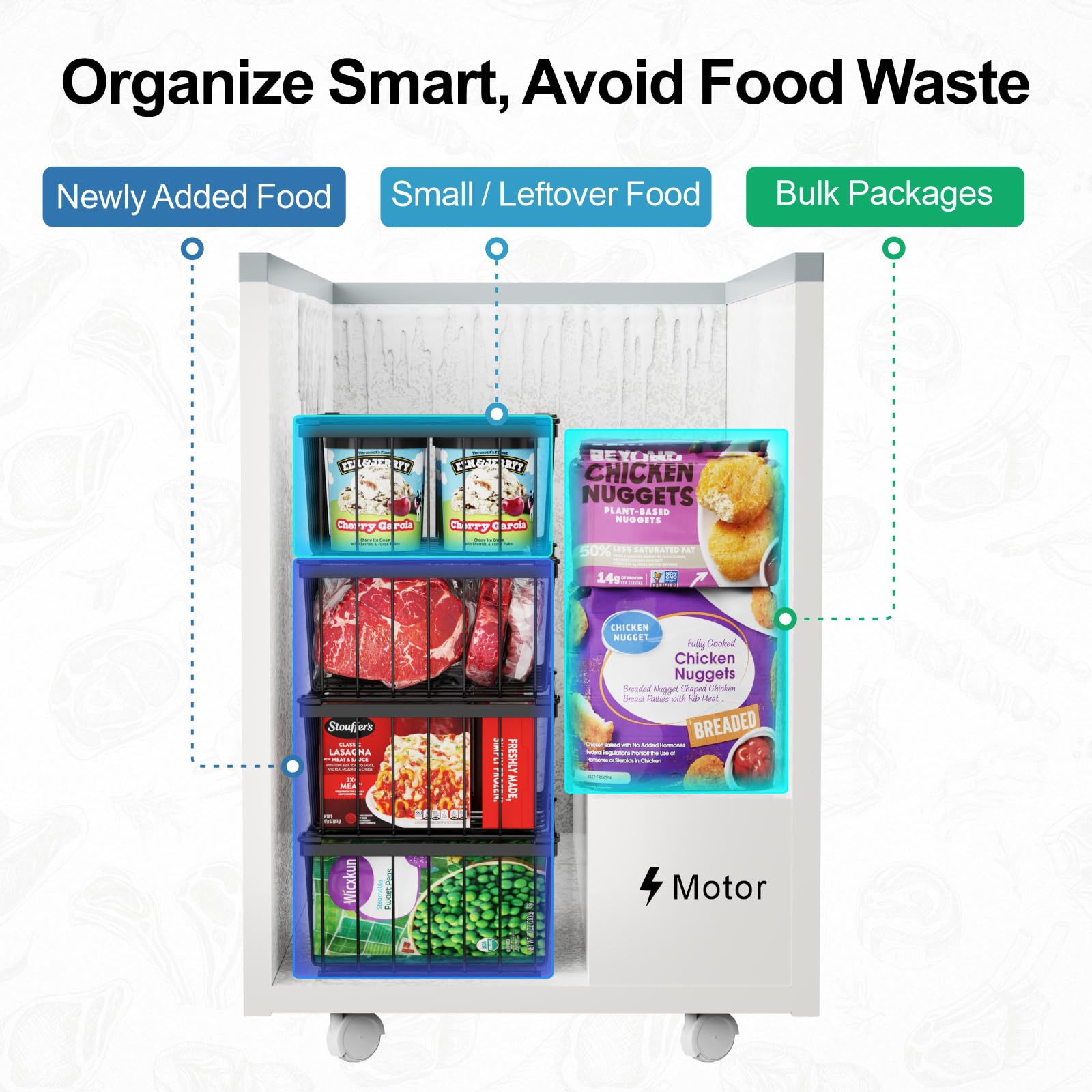 iSPECLE freezer bins make restocking quicker by lifting baskets from the top
