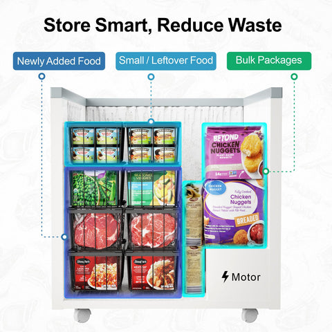 iSPECLE Freezer Organizer Bins 8-pack size guide shows fit for your chest freezer