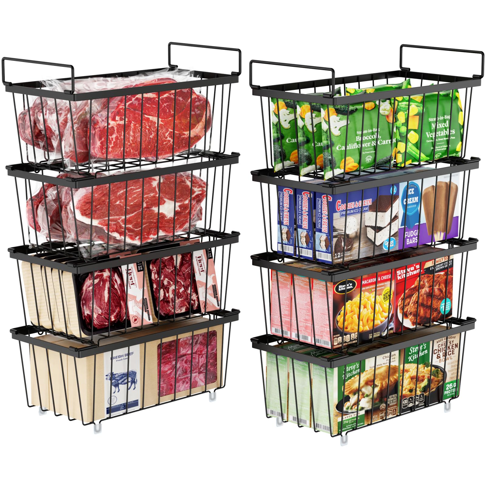 iSPECLE Freezer Organizer Bins 8-pack stacked setup helps maximize space and quick access