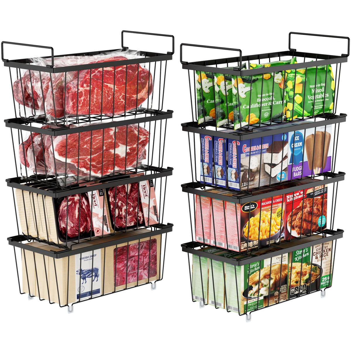 iSPECLE Freezer Organizer Bins 8-pack stacked setup helps maximize space and quick access