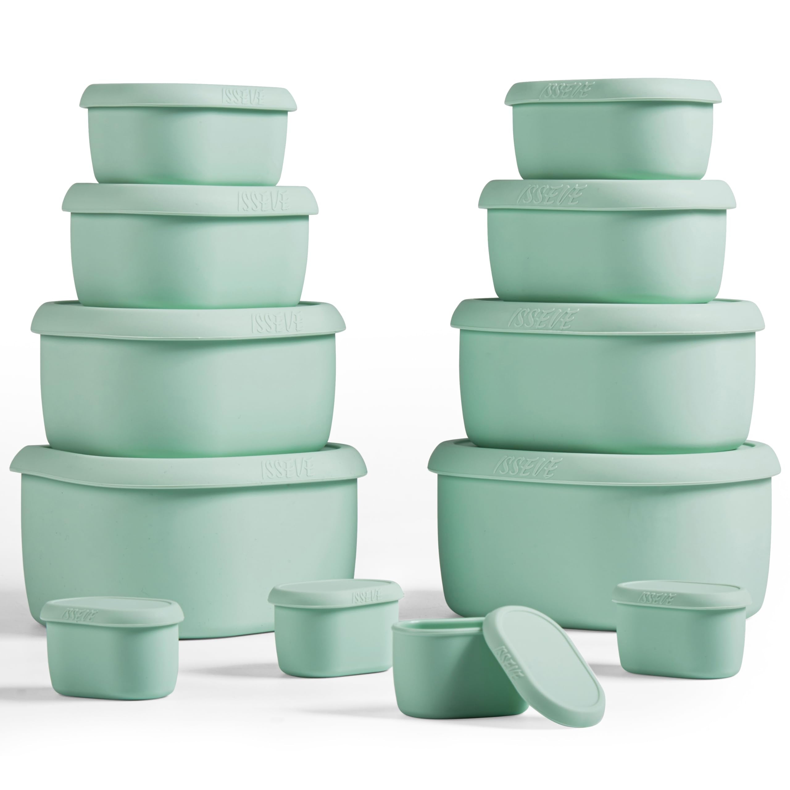 ISSEVE 12-piece nesting silicone containers in green for space-saving meal prep and storage