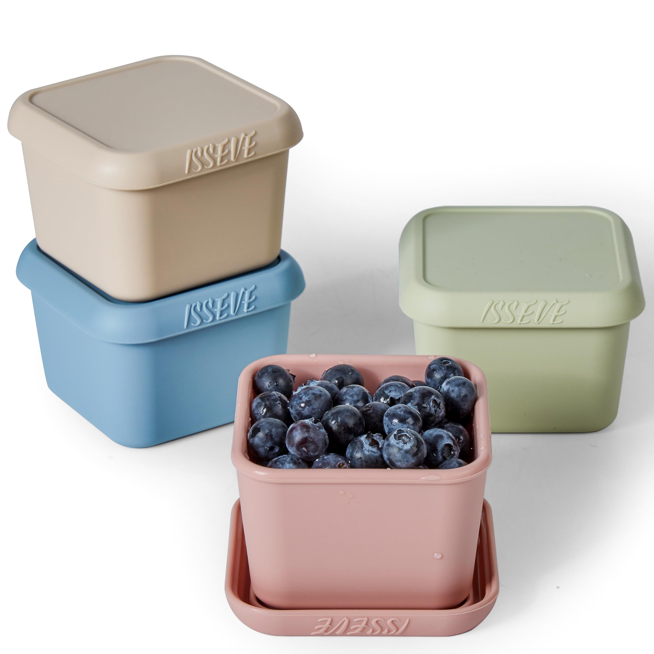 ISSEVE 4-pack 6oz silicone snack containers with lids keep snacks fresh on the go.