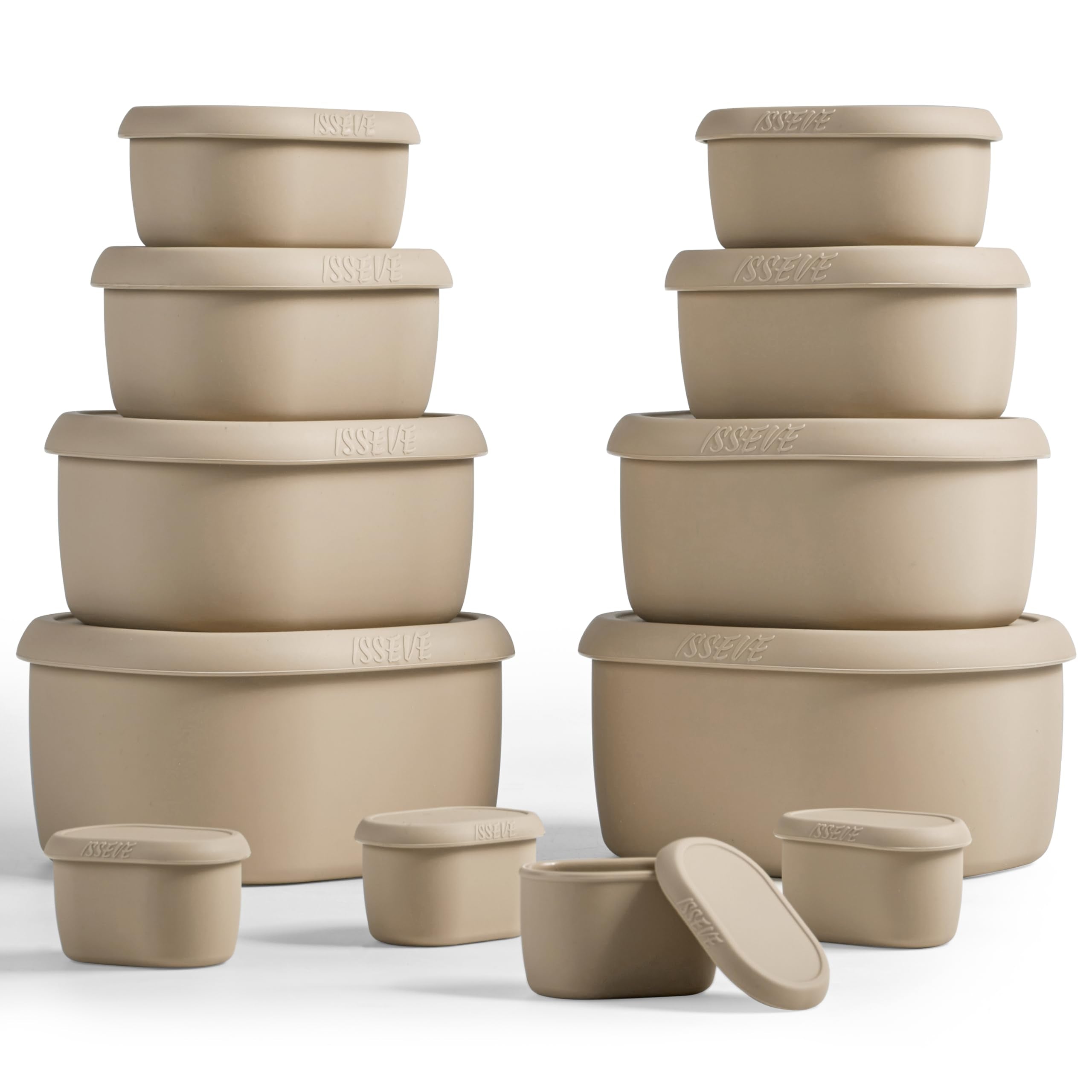 ISSEVE nesting silicone containers set neatly stacked for space-saving storage.
