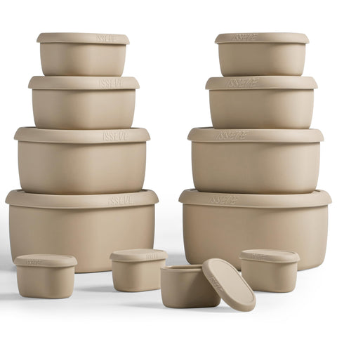 ISSEVE nesting silicone containers set neatly stacked for space-saving storage.