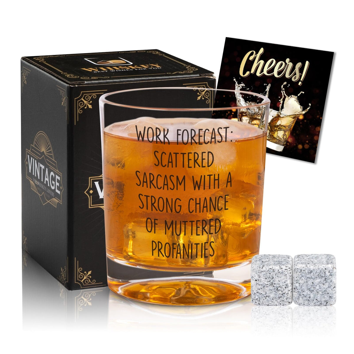 Ithmahco Work Forecast glass, front view, ideal desk humor and coworker gift.