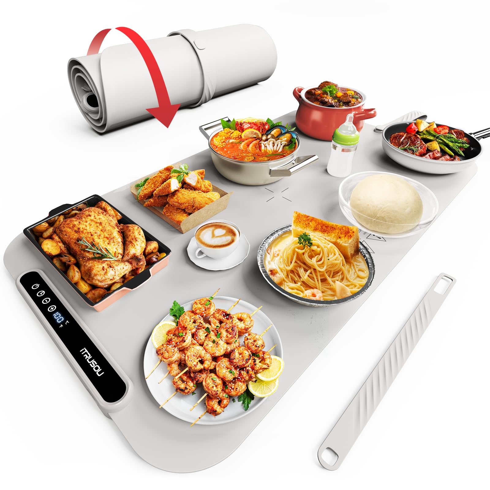 Itrusou Food Warming Mat in full setup keeps multiple dishes warm for family gatherings