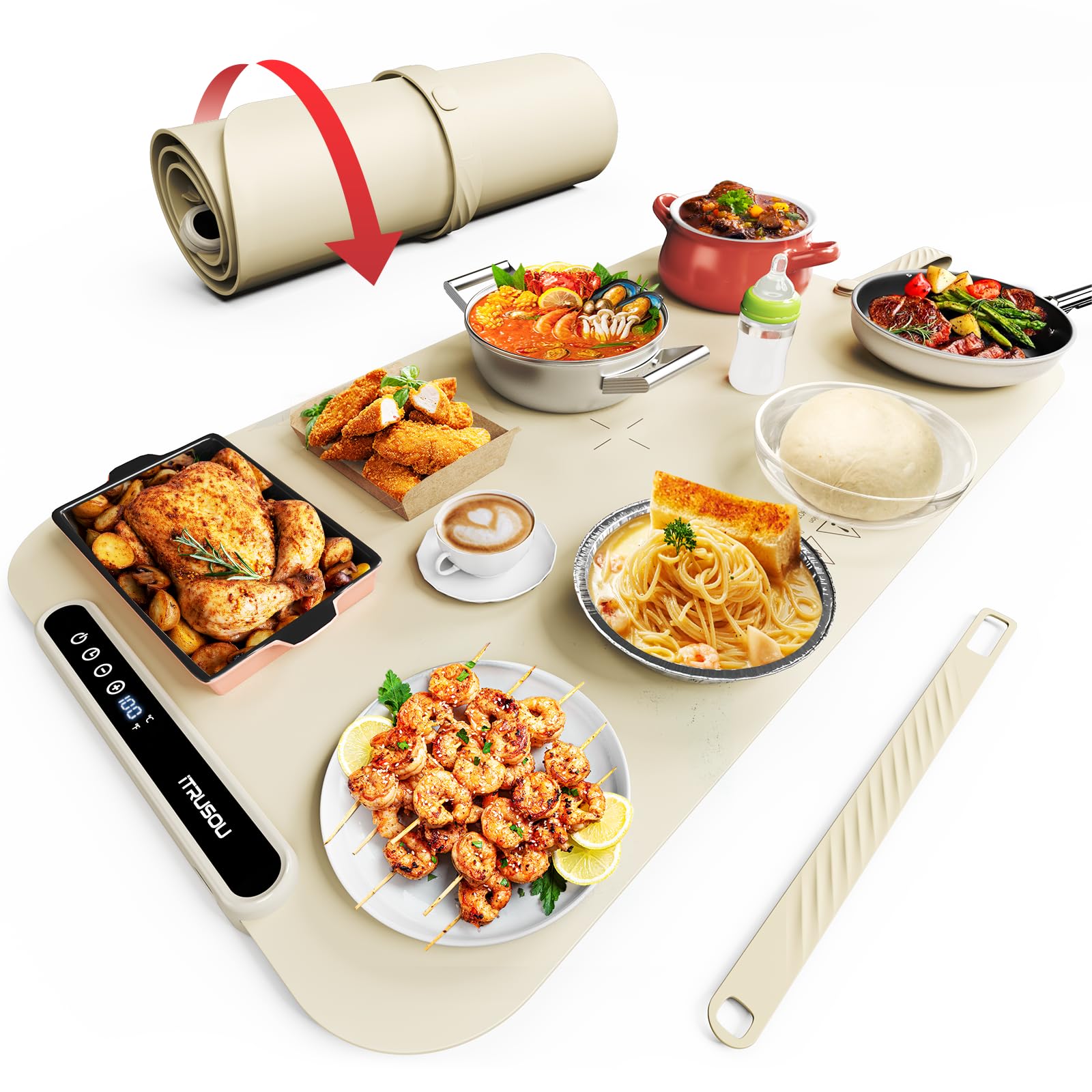 Itrusou food warming mat with rollable design keeps buffet dishes warm.