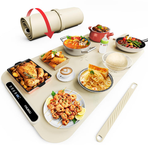 Itrusou food warming mat with rollable design keeps buffet dishes warm.