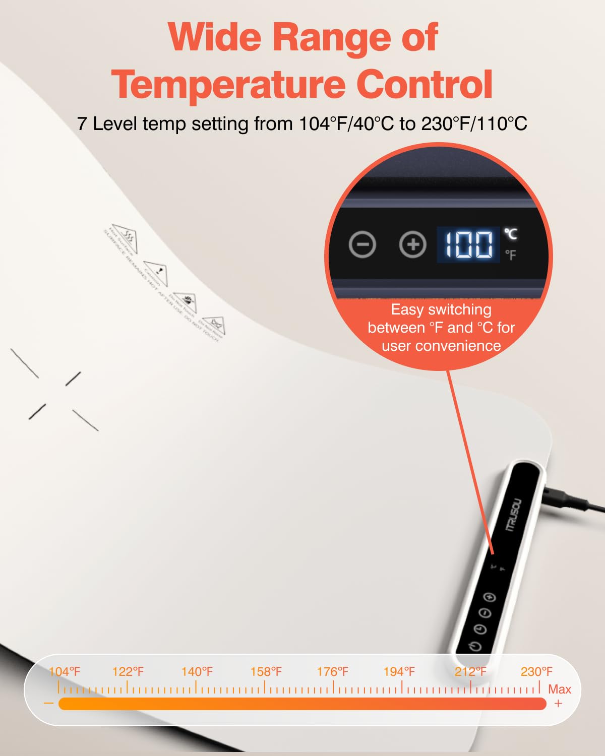 Itrusou Food Warming Mat 7-temp settings dial enables precise serving temperatures