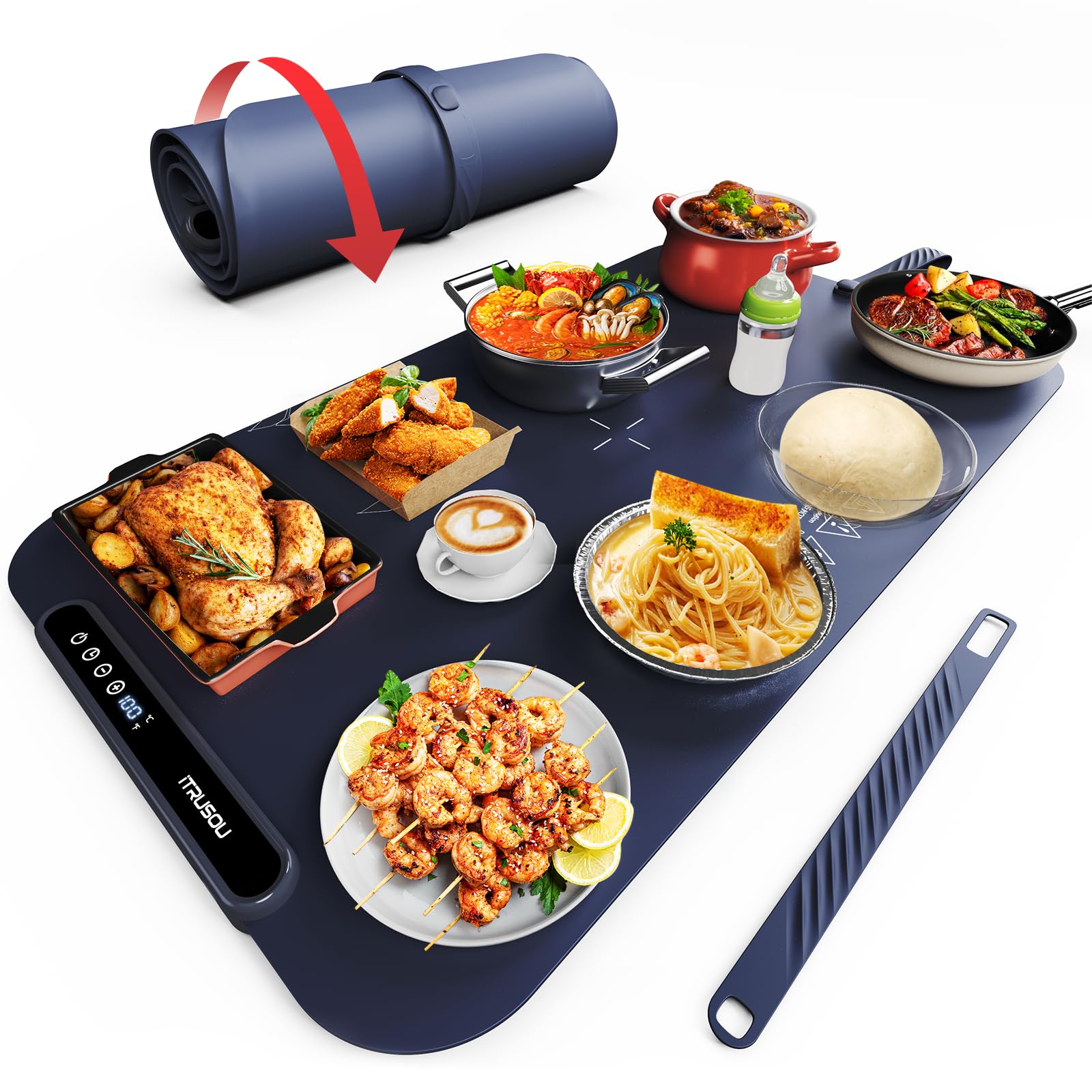 itrusou food warming mat showing seven temperature settings for precise warming