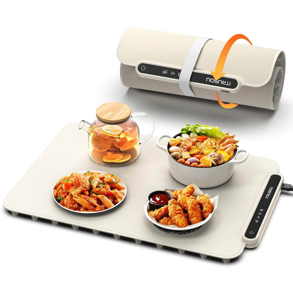 itrusou food warming mat shows full-surface heat across a buffet lineup for even serving