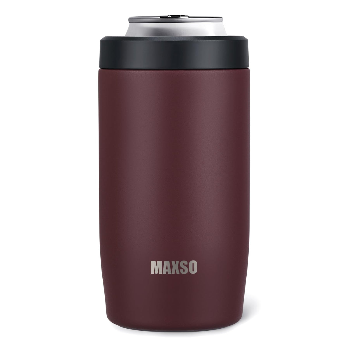 Itslife 4-in-1 burgundy can cooler side view keeps a 12 oz drink ice-cold.