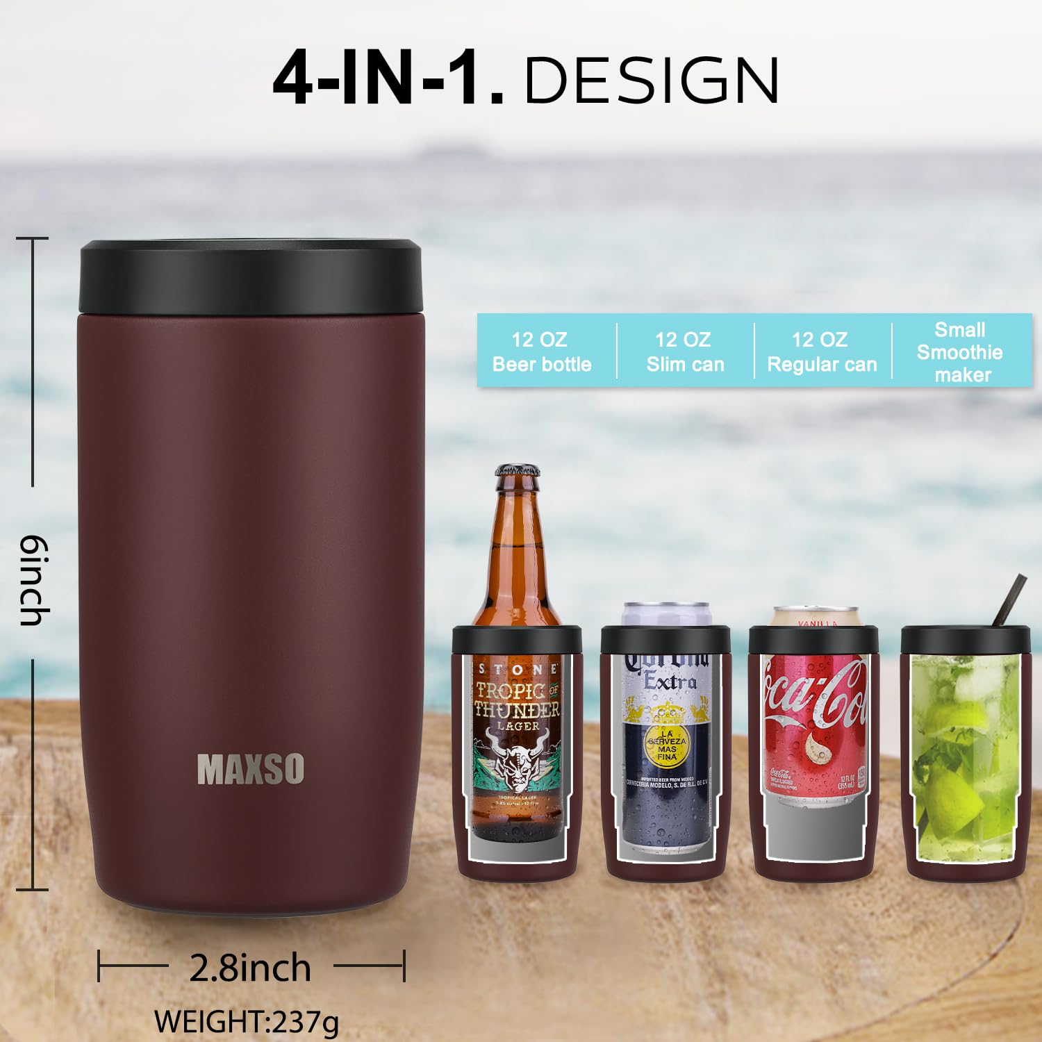 Itslife 4-in-1 burgundy cooler in use at beach keeps drinks refreshing.