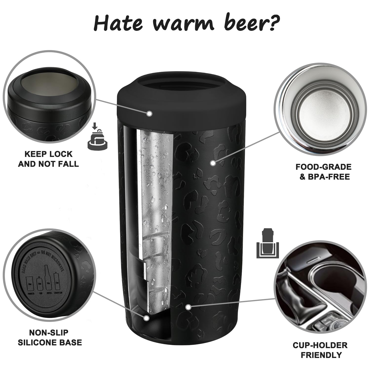 Itslife 4-in-1 slim can cooler close-up shows condensation-free grip on stainless steel.