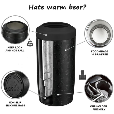 Itslife 4-in-1 slim can cooler close-up shows condensation-free grip on stainless steel.