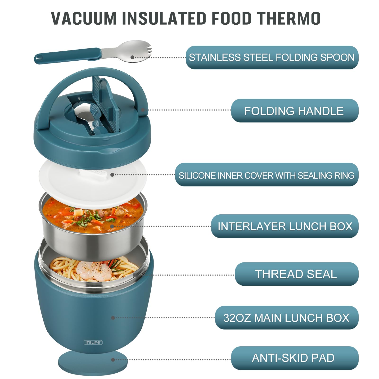 Itslife hot-food-jar vacuum insulated teal maintains temperature during travel.