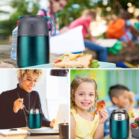 Itslife green thermo jar in use during a picnic, keeps meals comfortable