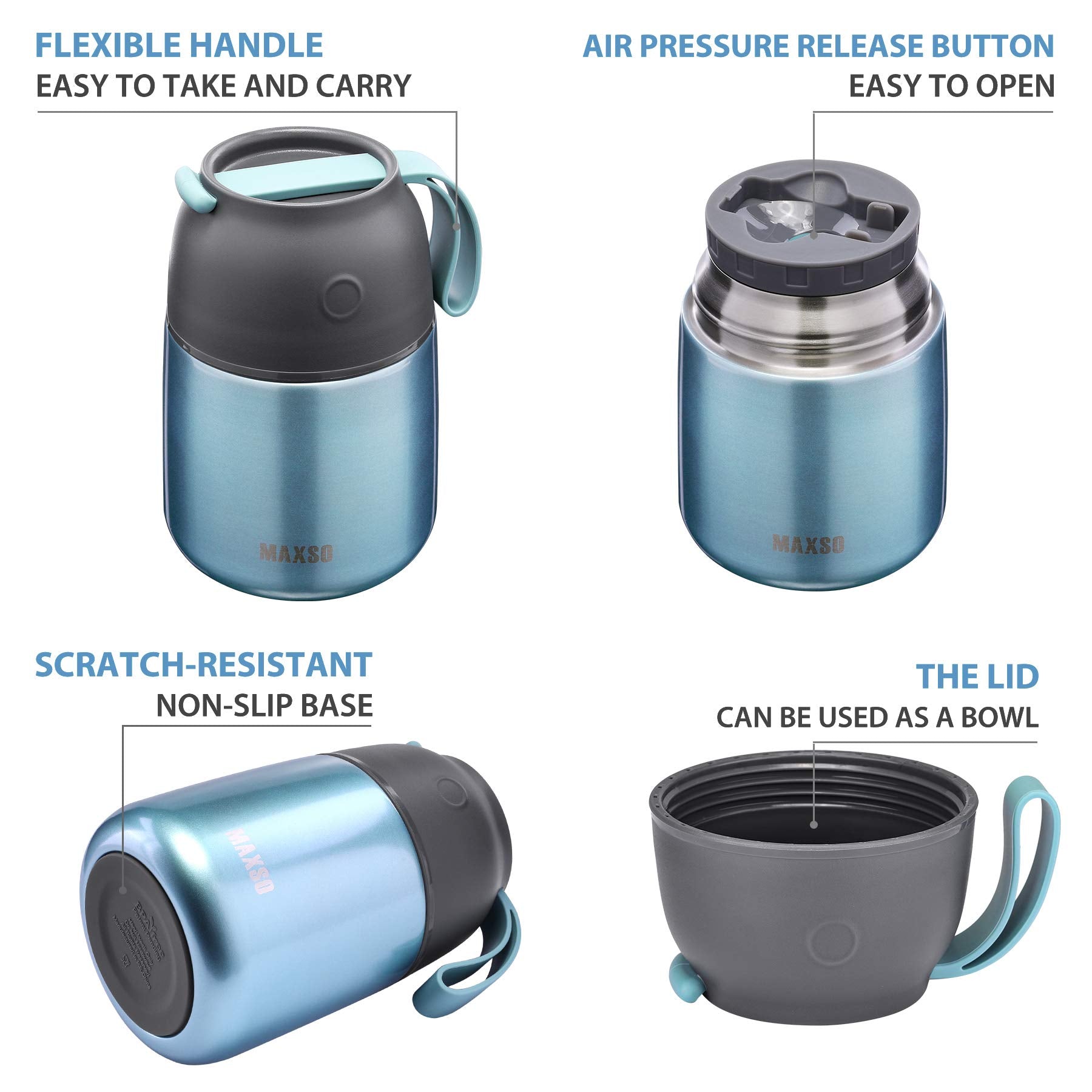 Itslife Insulated Thermo Food Jar lightblue lid open shows easy pouring and leak-proof design.