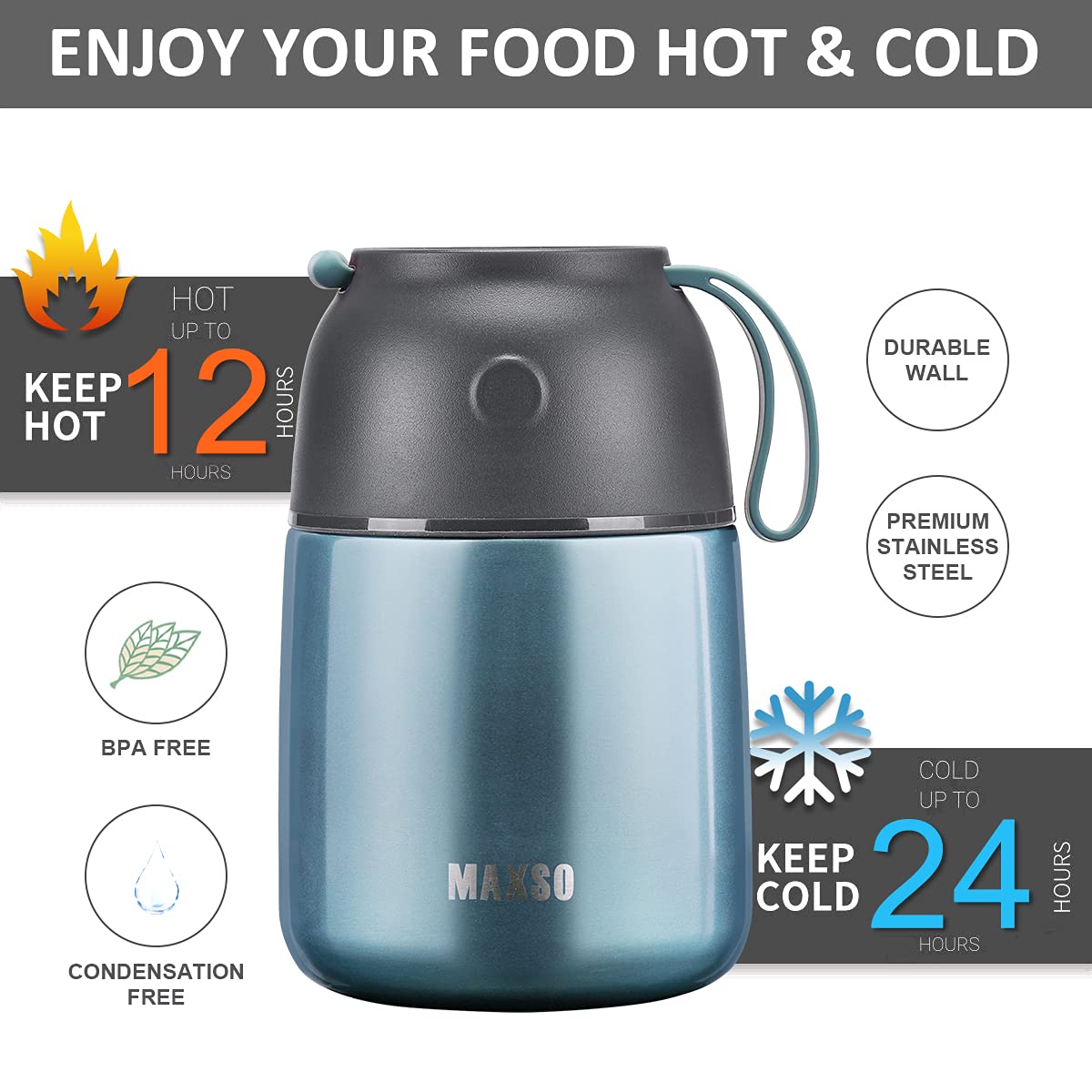 Itslife Insulated Thermo Food Jar lightblue side view emphasizes durable stainless steel.