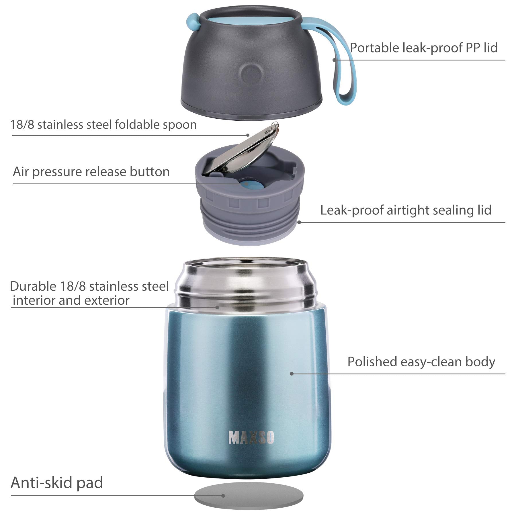 Itslife Insulated Thermo Food Jar lightblue with spoon demonstrates convenient on-the-go lunch.