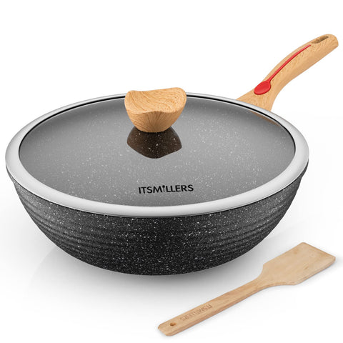 ItsMillers nonstick wok 12-inch top view showing heat distribution for even cooking