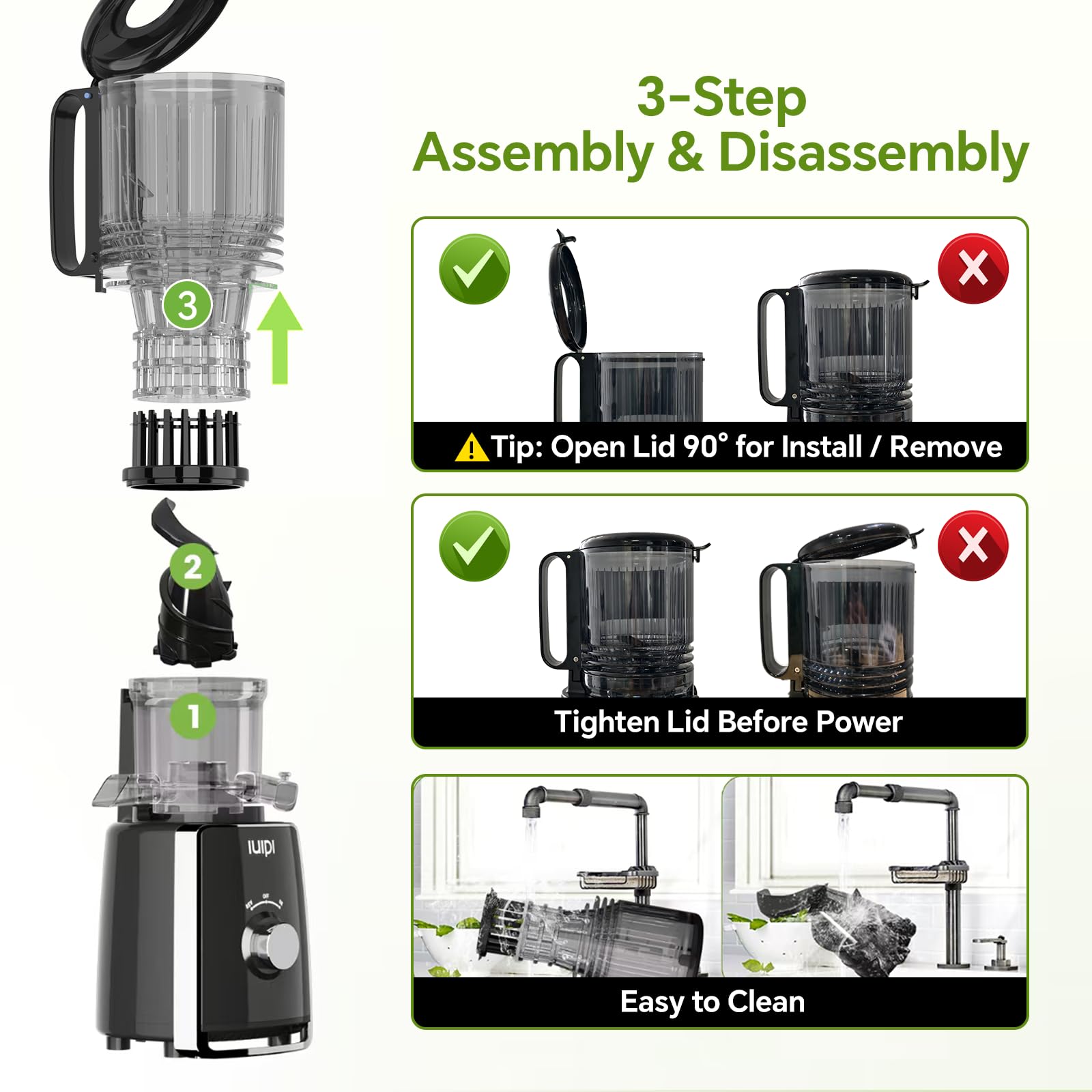IUIPI auto pulp ejection reduces clogging and speeds cleanup.