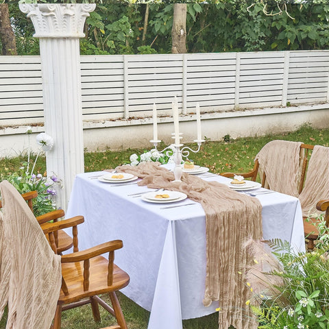 IVAPUPU wedding decor idea with cheesecloth runner as backdrop curtain
