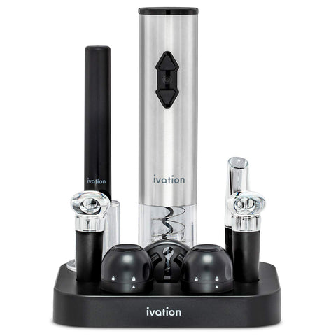 Ivation 9-piece wine set electric opener in action for easy cork removal