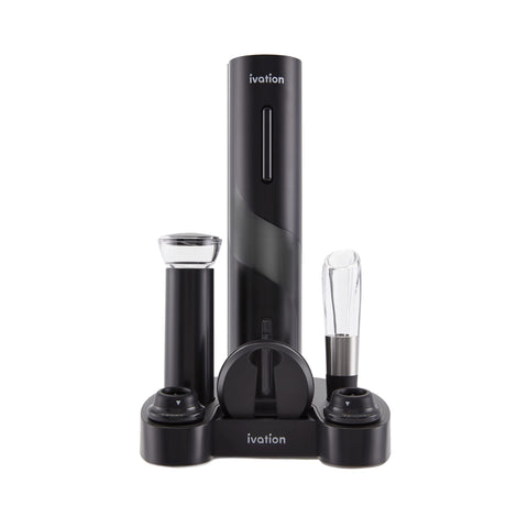 Ivation electric bottle opener in action for effortless cork removal.