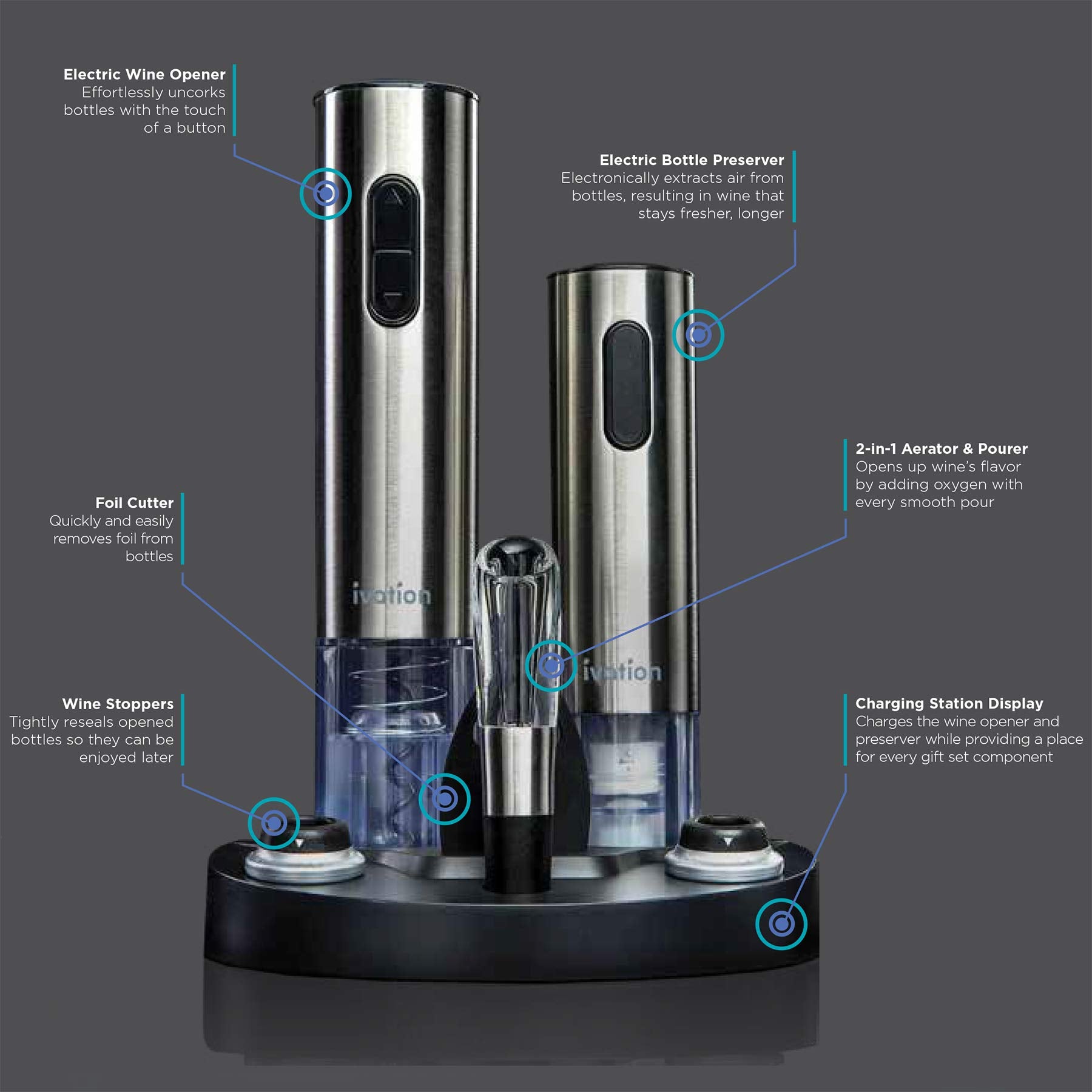 Ivation vacuum preserver with date-stamped stoppers keeps wine fresh.