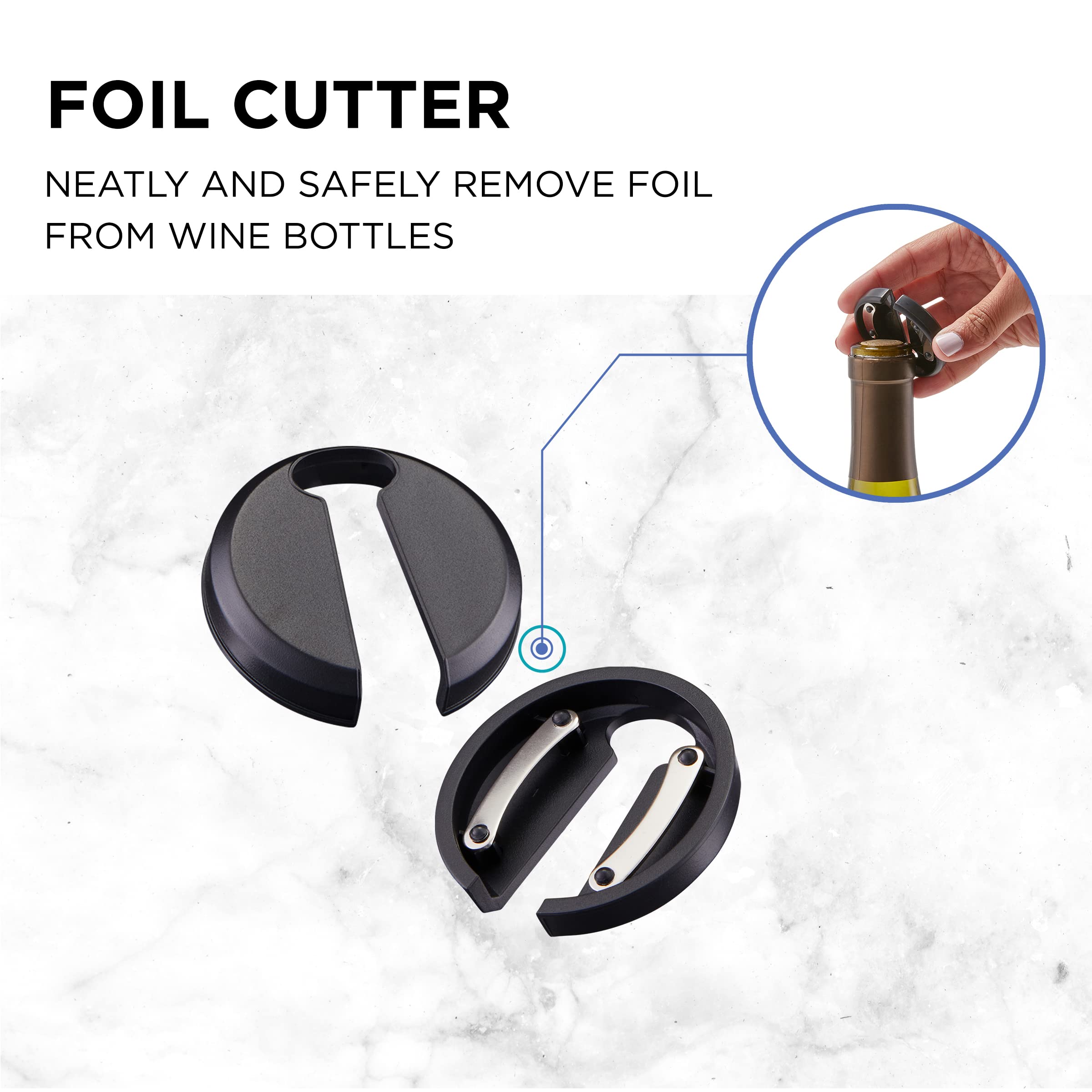 Ivation foil cutter slices foil cleanly for quick access.