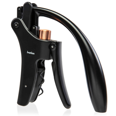 Ivation wine bottle opener standing ergonomic lever for easy cork removal.