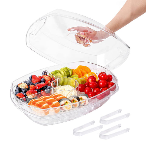 IVYHOME 3-tier chilled tray with lid, top view showing organized appetizers