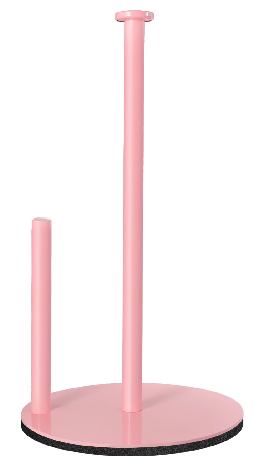 iwapuy pink paper towel holder on countertop with weighted base for stable tearing