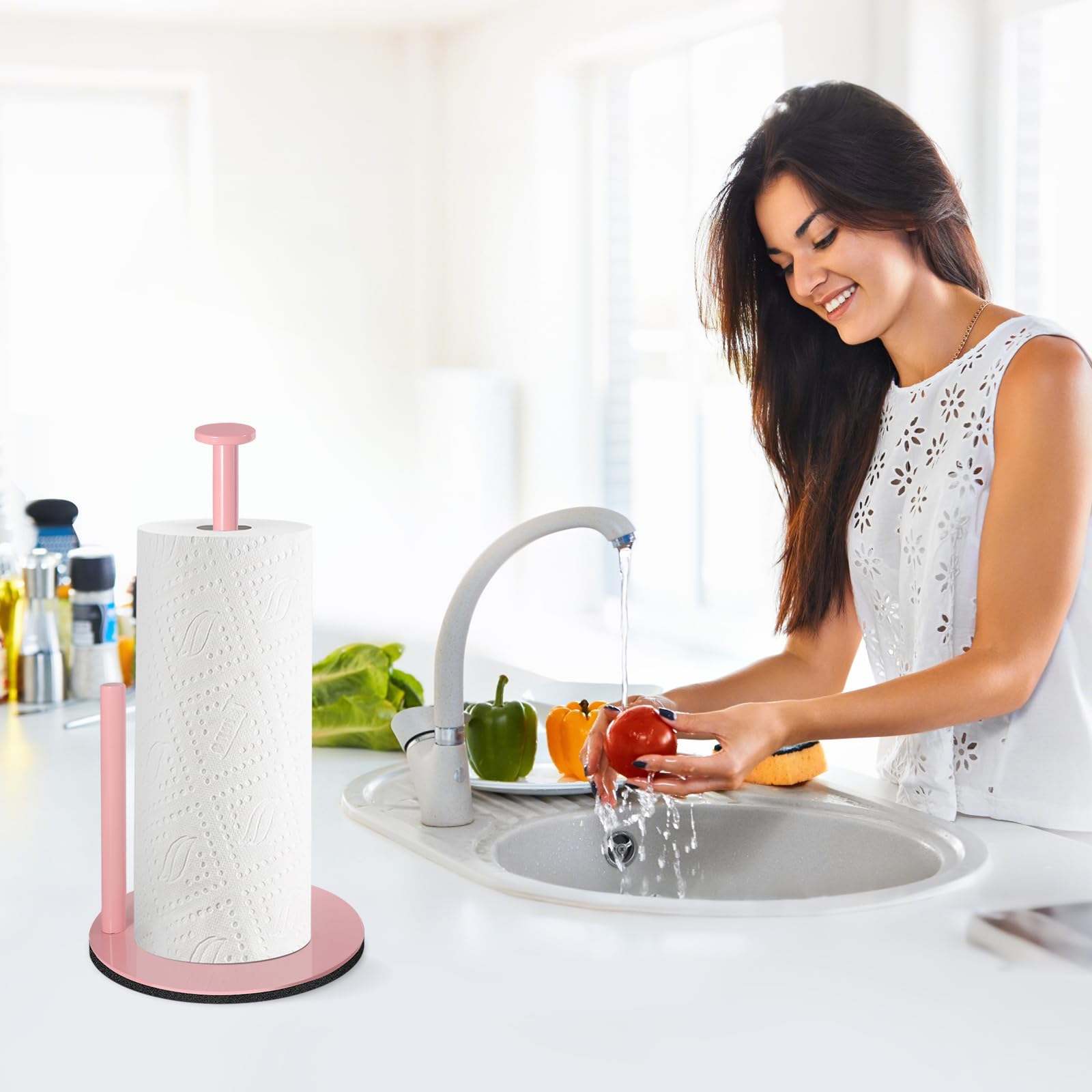 iwapuy pink paper towel holder shown from side view on counter