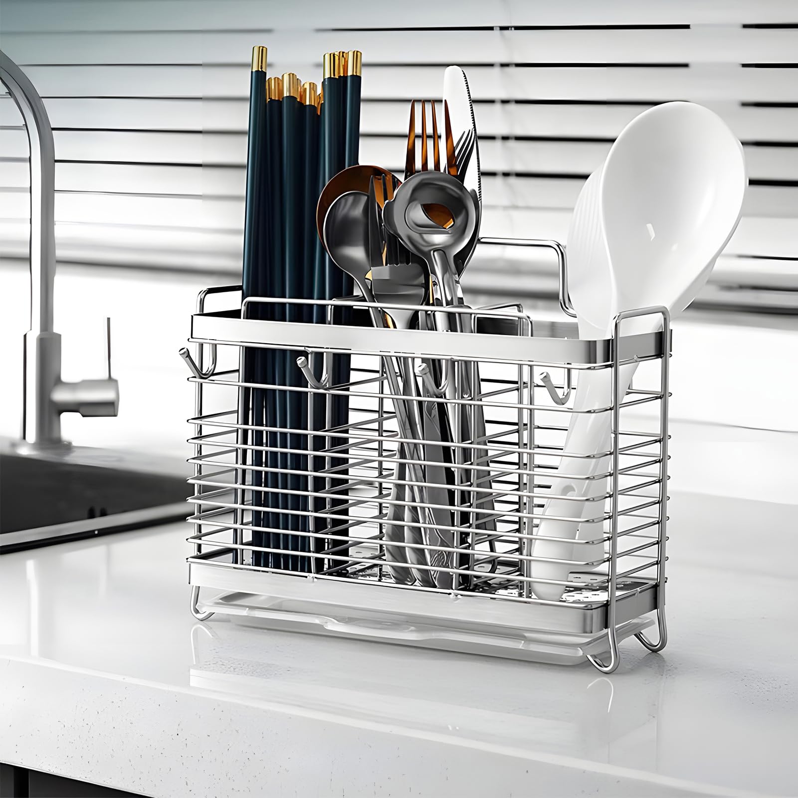 IWNTWY 3-compartment utensil rack with organized sections for utensils.