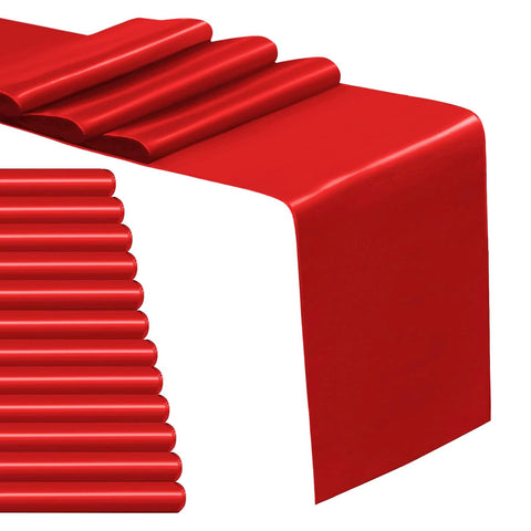 IYARKAI red satin table runner on a full-length table for elegant event decor