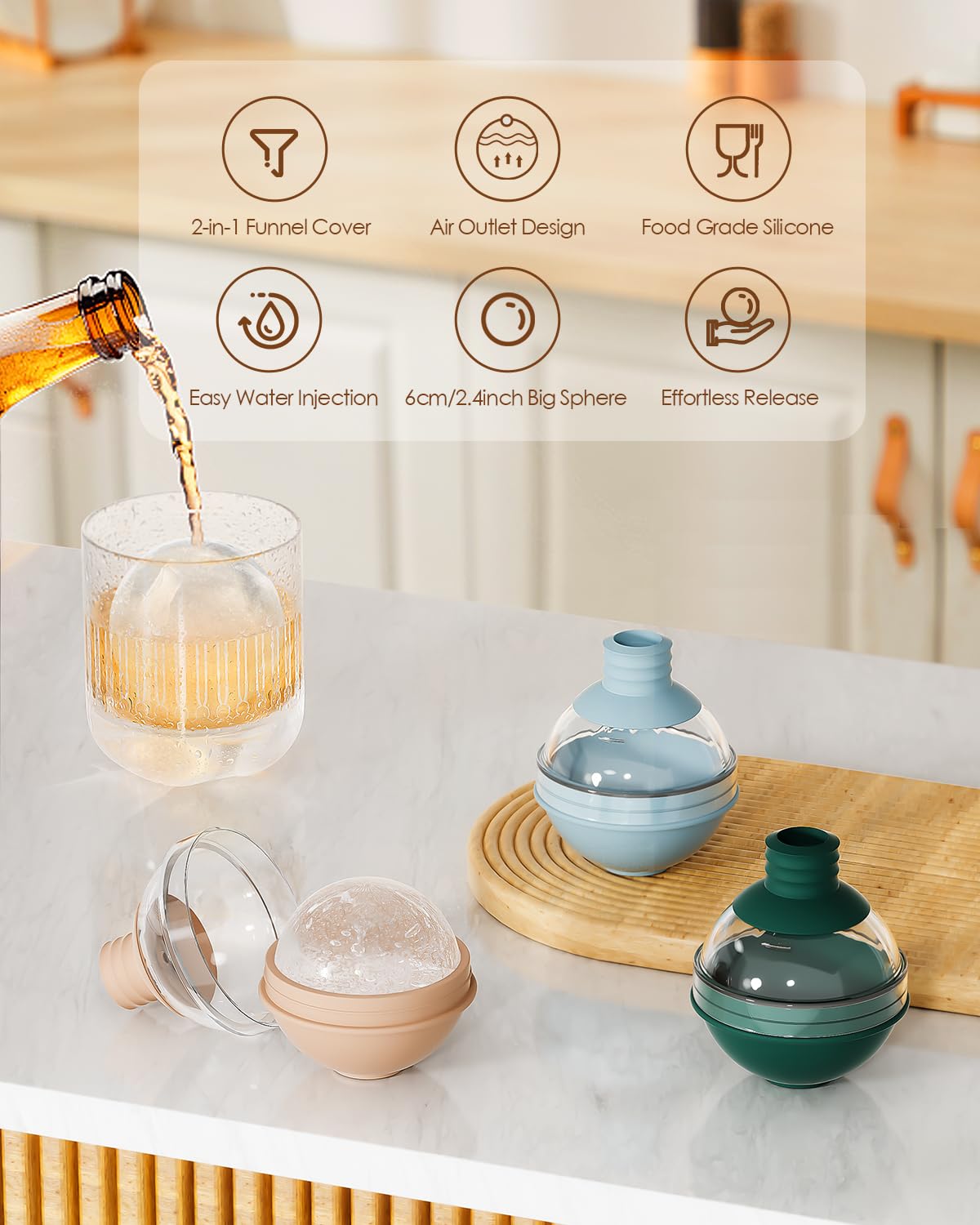iyes.top large ice ball mold funnel lid demonstrates mess-free filling for quick drinks.