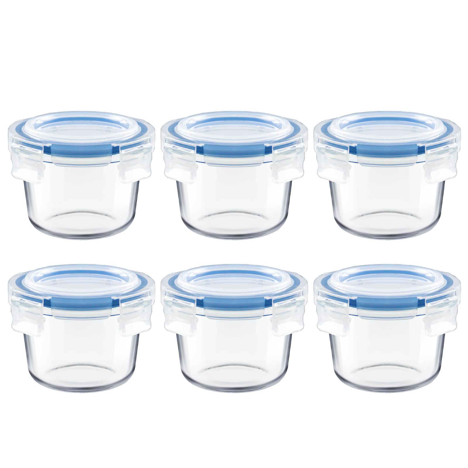 Iyulania glass containers show clear 7 oz jars with airtight lids for meal prep.
