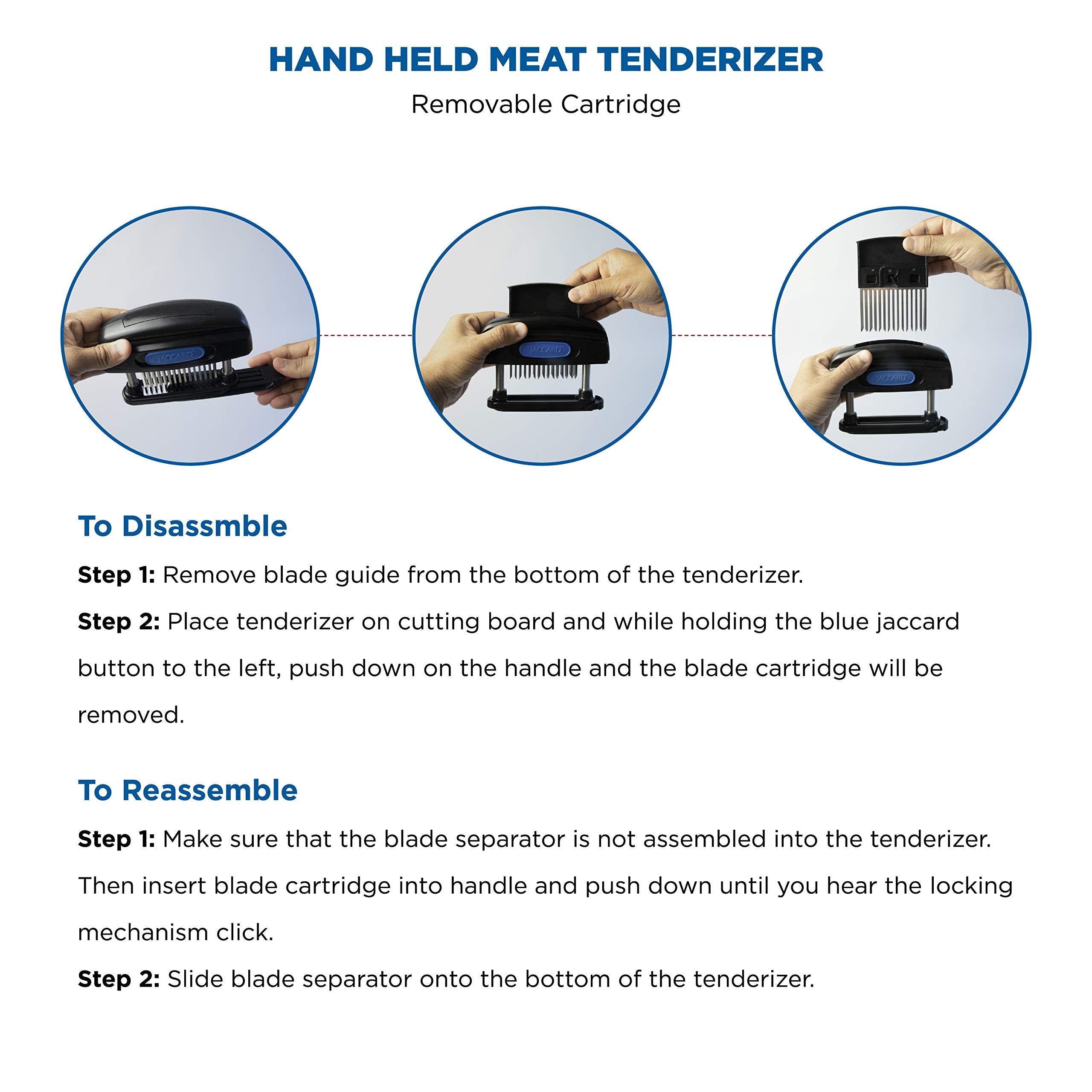 Jaccard tenderizer on beef steak, enhancing tenderness for better searing.