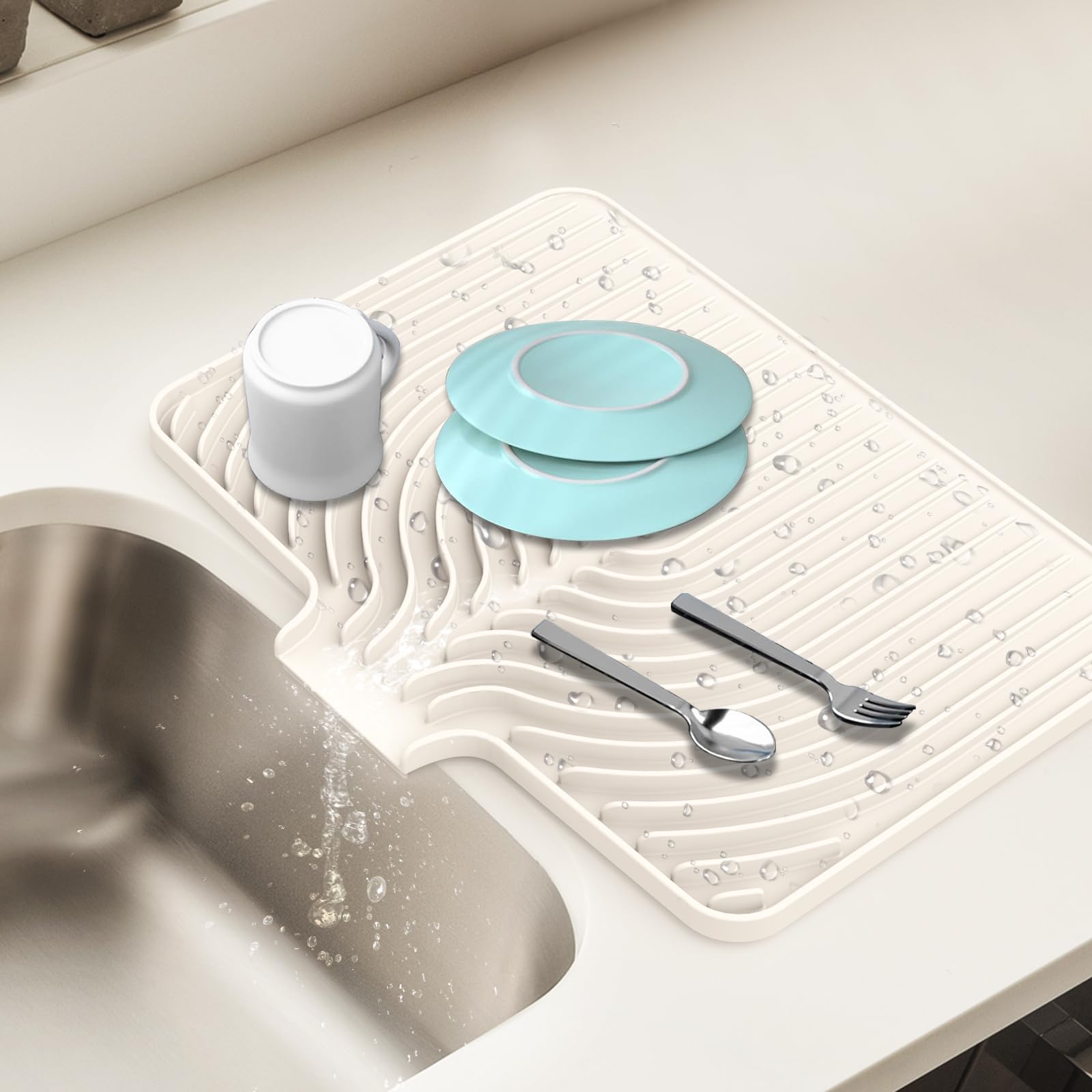 JACZZO dish drying mat with built-in drain lip keeps counters dry after washing.