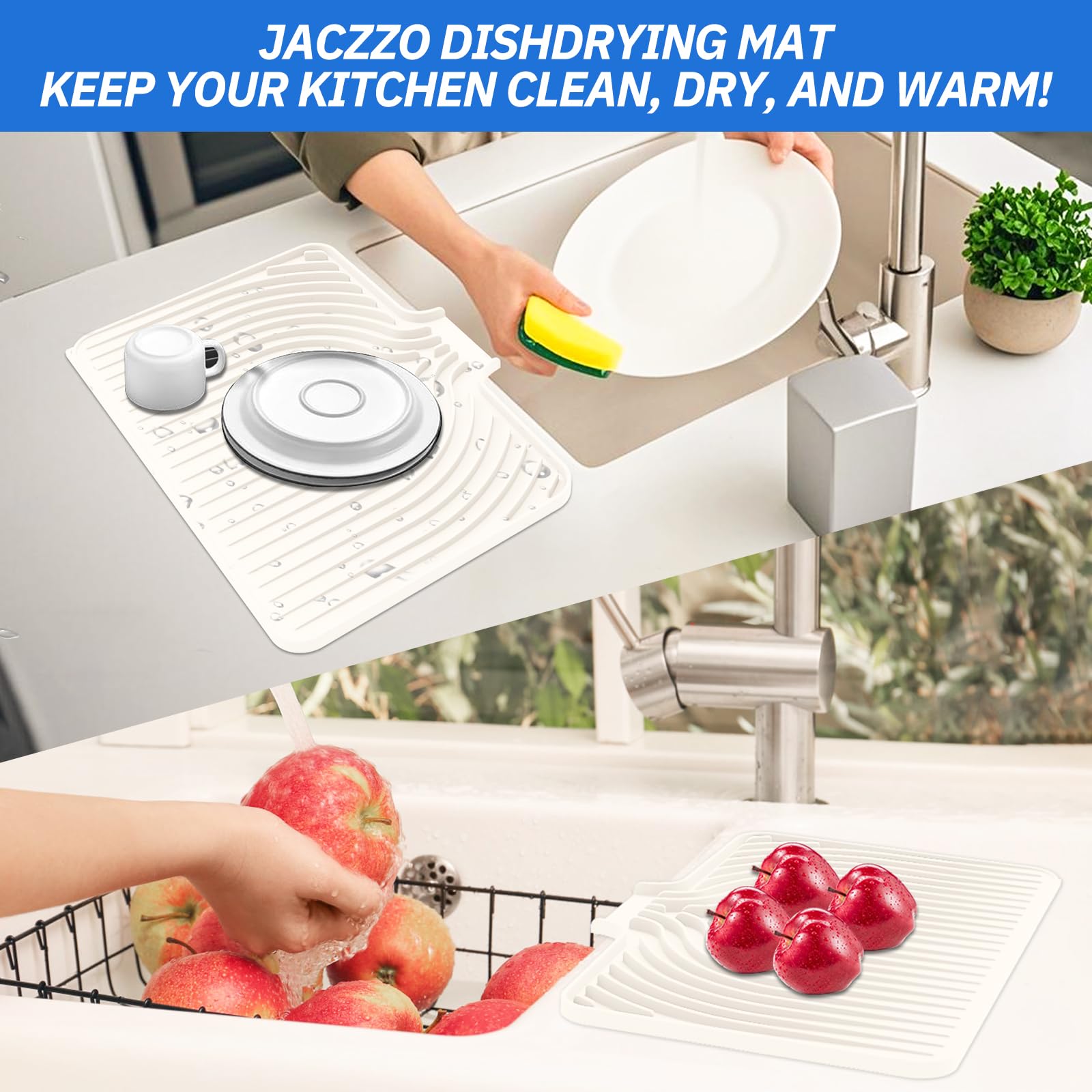 JACZZO mat directs water into the sink via the raised drain lip.