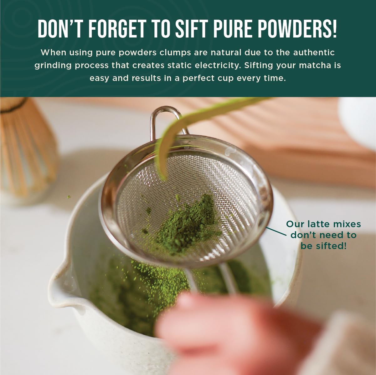 Jade Leaf Matcha bamboo whisk in hands highlighting durable daily-use tool