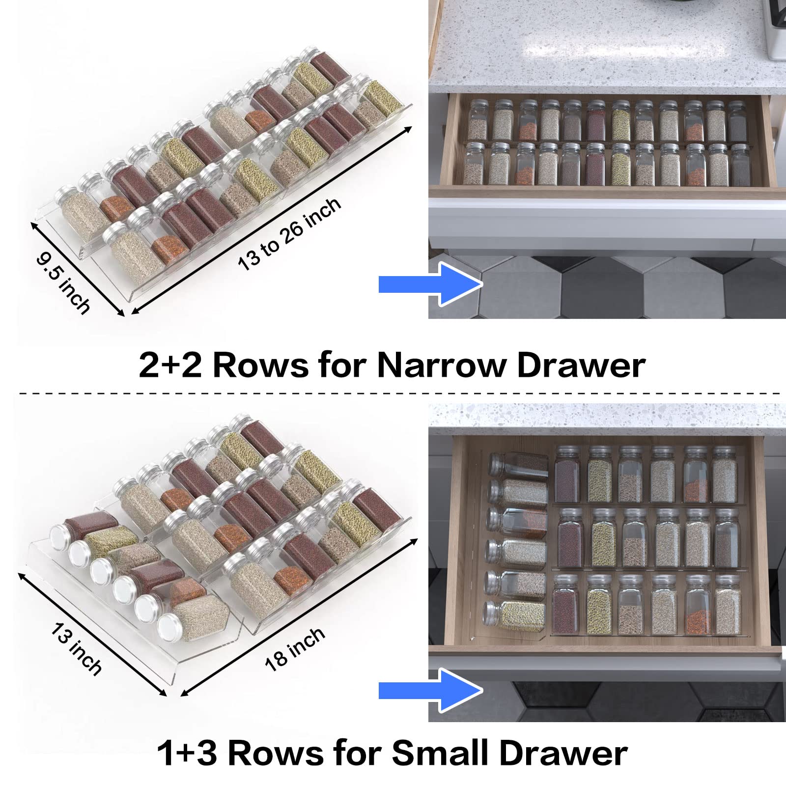 Jadehom in-drawer rack keeps curry, salt, and pepper neatly accessible.